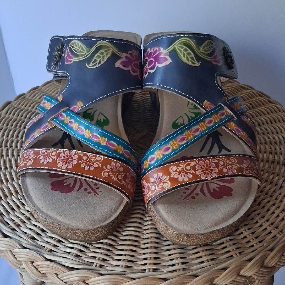 Hand-Painted Floral Strappy Sandals in Navy, Teal & Brown